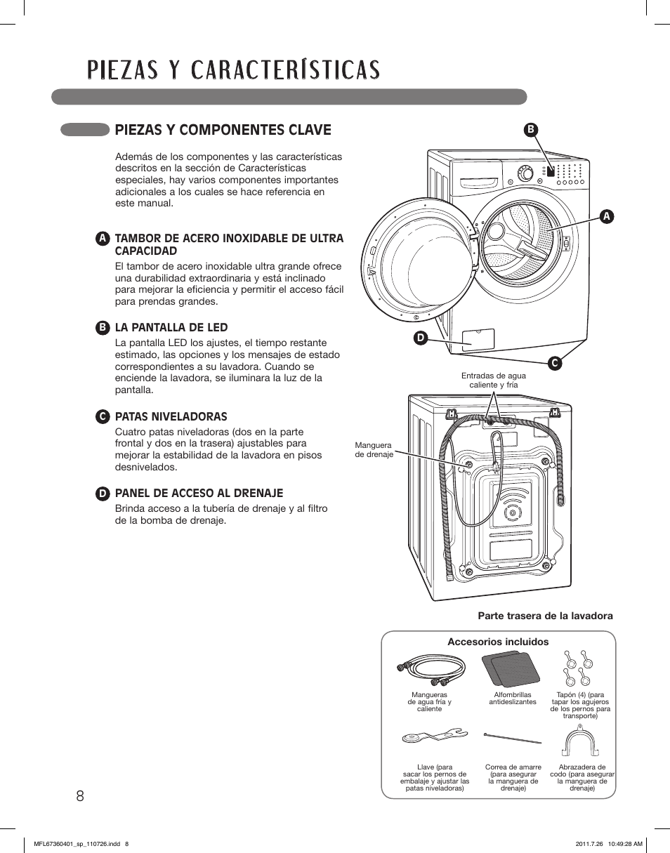 Piezas y componentes clave | LG WM2240CW User Manual | Page 44 / 72