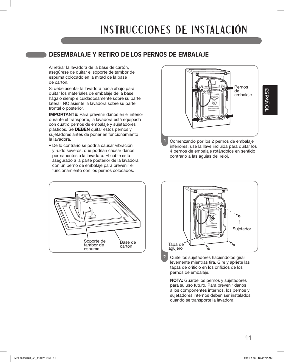 Desembalaje y retiro de los pernos de embalaje | LG WM2240CW User Manual | Page 47 / 72