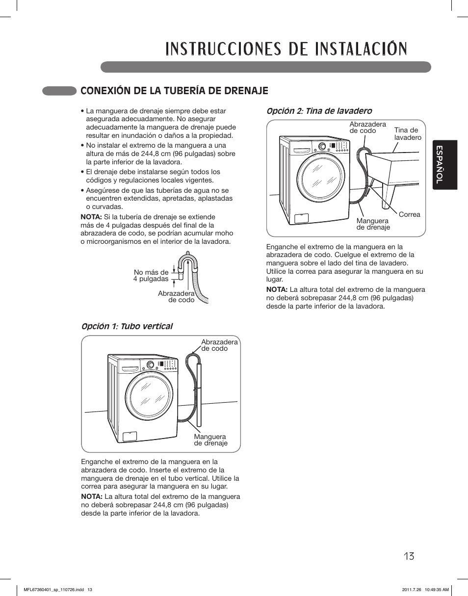 Conexión de la tubería de drenaje | LG WM2240CW User Manual | Page 49 / 72