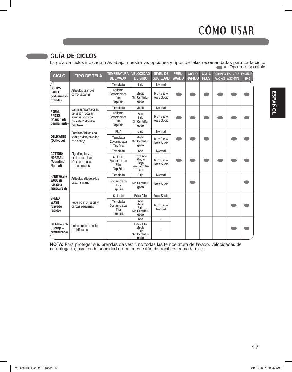 Guía de ciclos, Esp añol | LG WM2240CW User Manual | Page 53 / 72