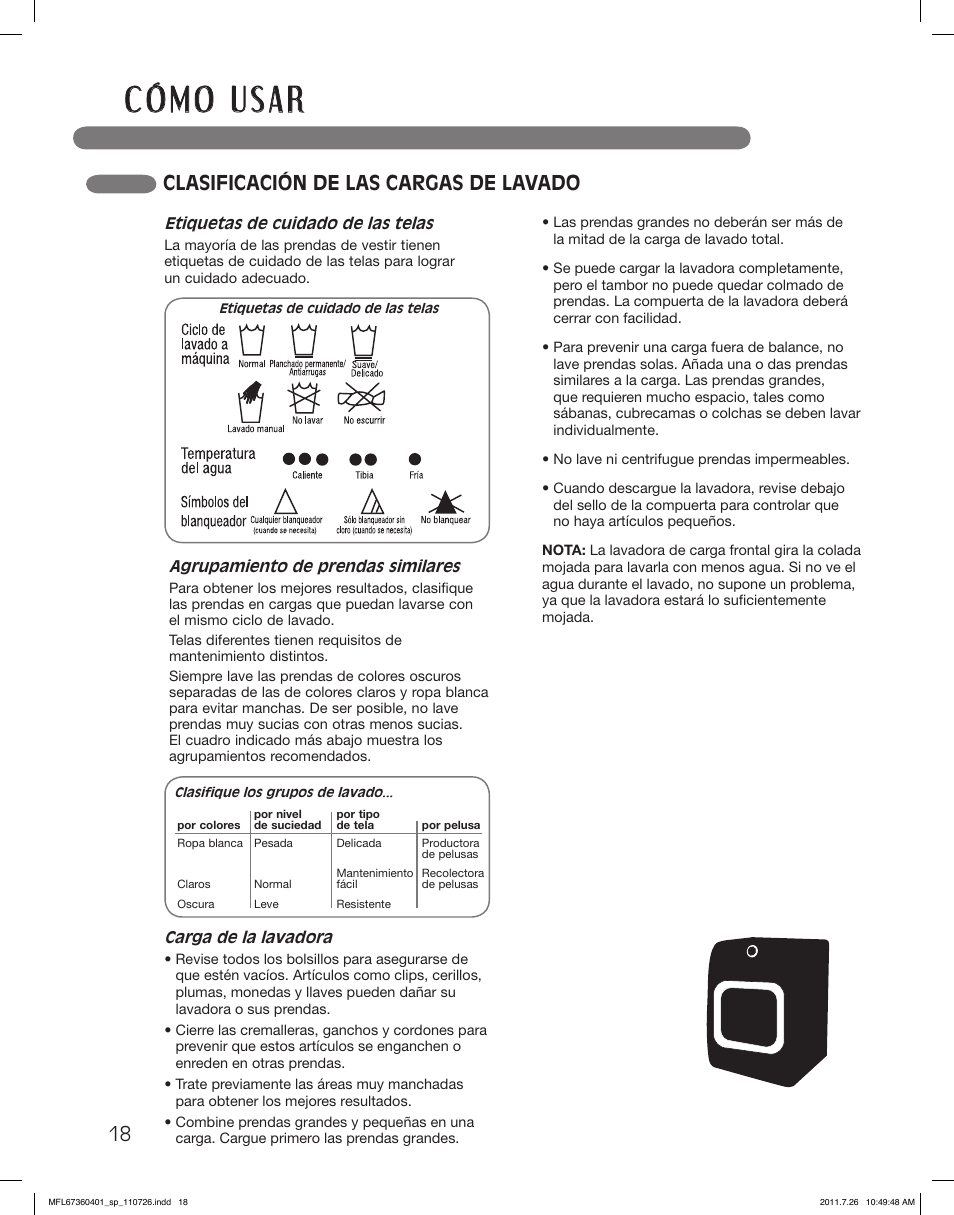 Clasificación de las cargas de lavado | LG WM2240CW User Manual | Page 54 / 72