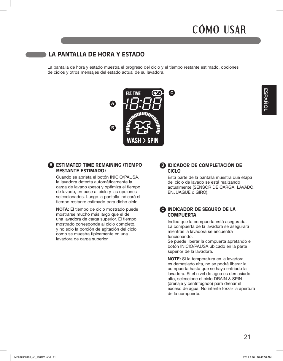 La pantalla de hora y estado | LG WM2240CW User Manual | Page 57 / 72