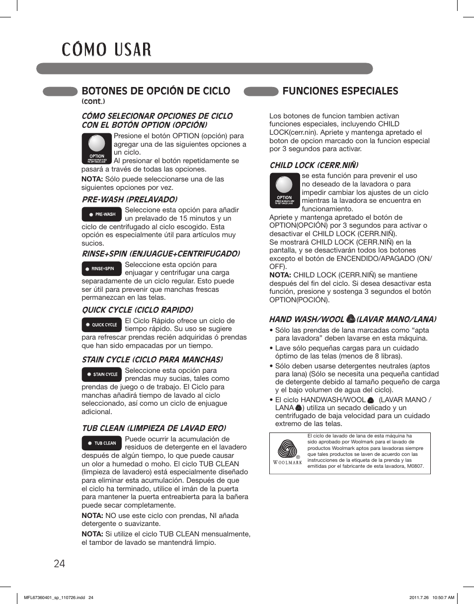 Botones de opción de ciclo, Funciones especiales | LG WM2240CW User Manual | Page 60 / 72