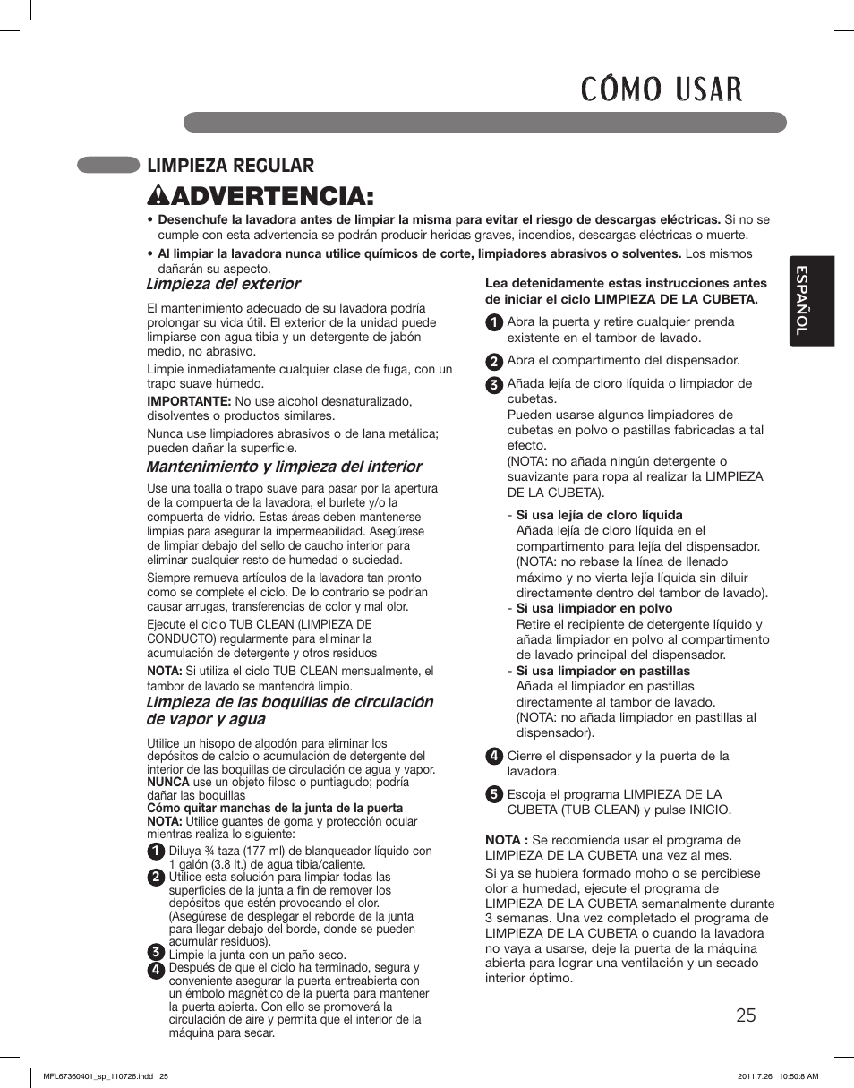 Wadvertencia, Limpieza regular | LG WM2240CW User Manual | Page 61 / 72