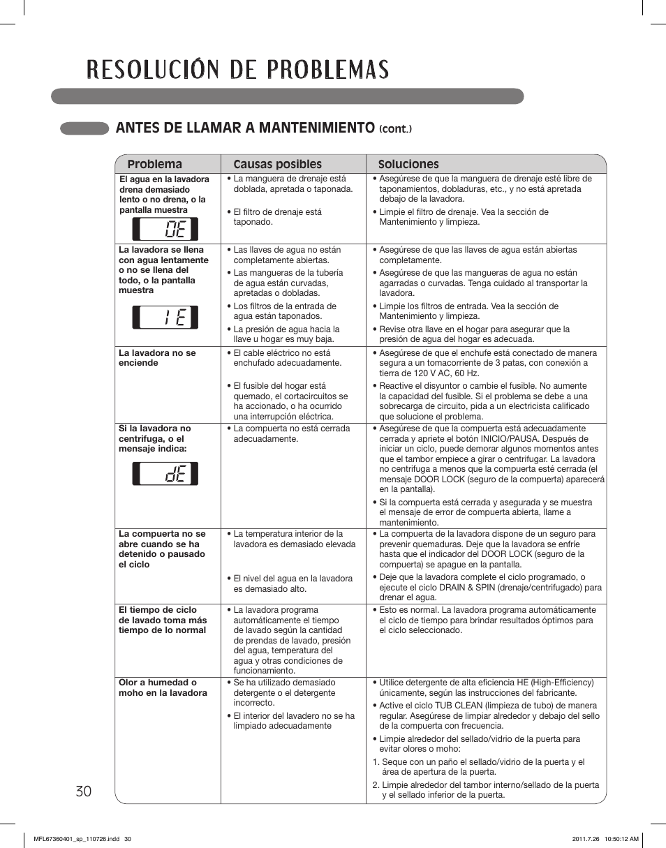Antes de llamar a mantenimiento | LG WM2240CW User Manual | Page 66 / 72