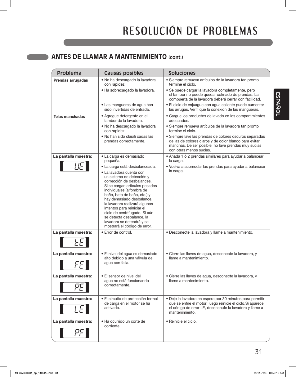 Antes de llamar a mantenimiento, Esp añol | LG WM2240CW User Manual | Page 67 / 72