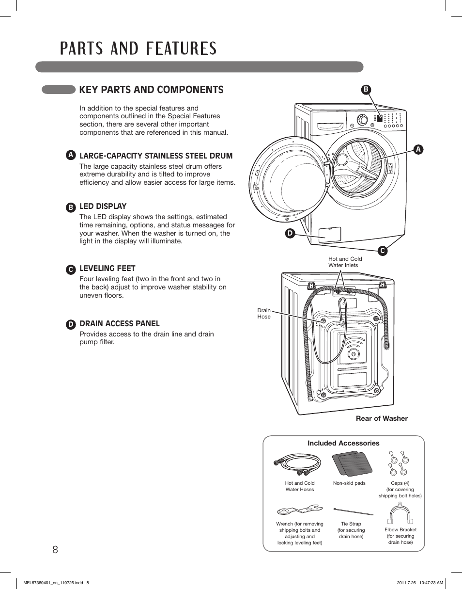 Key parts and components | LG WM2240CW User Manual | Page 8 / 72