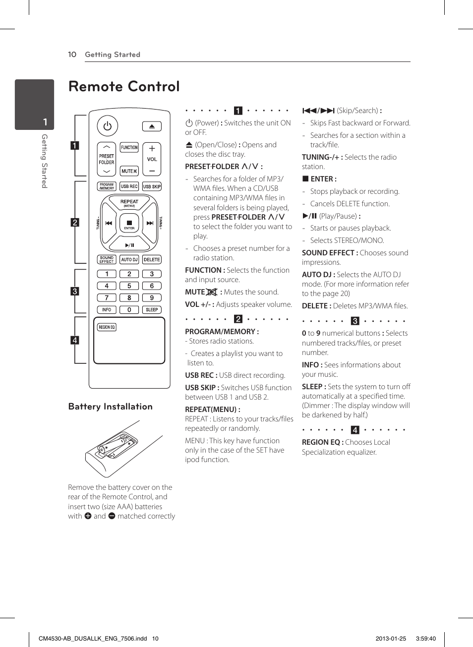 Remote control, Battery installation | LG CM4530 User Manual | Page 10 / 32