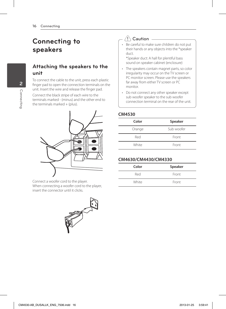 Connecting to speakers, Attaching the speakers to the unit | LG CM4530 User Manual | Page 16 / 32