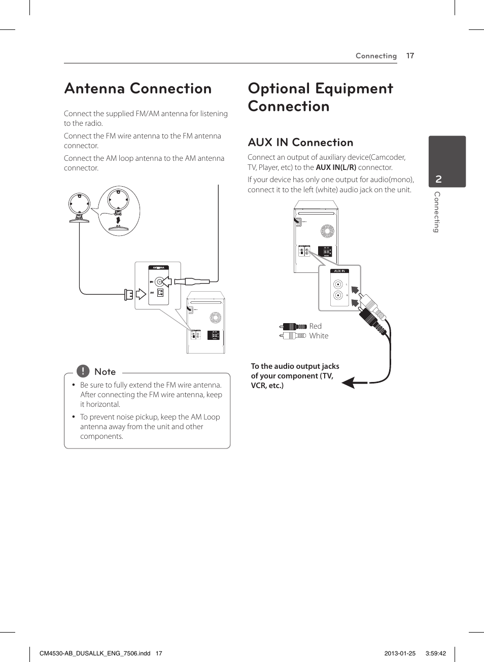 Antenna connection, Optional equipment connection, Aux in connection | LG CM4530 User Manual | Page 17 / 32