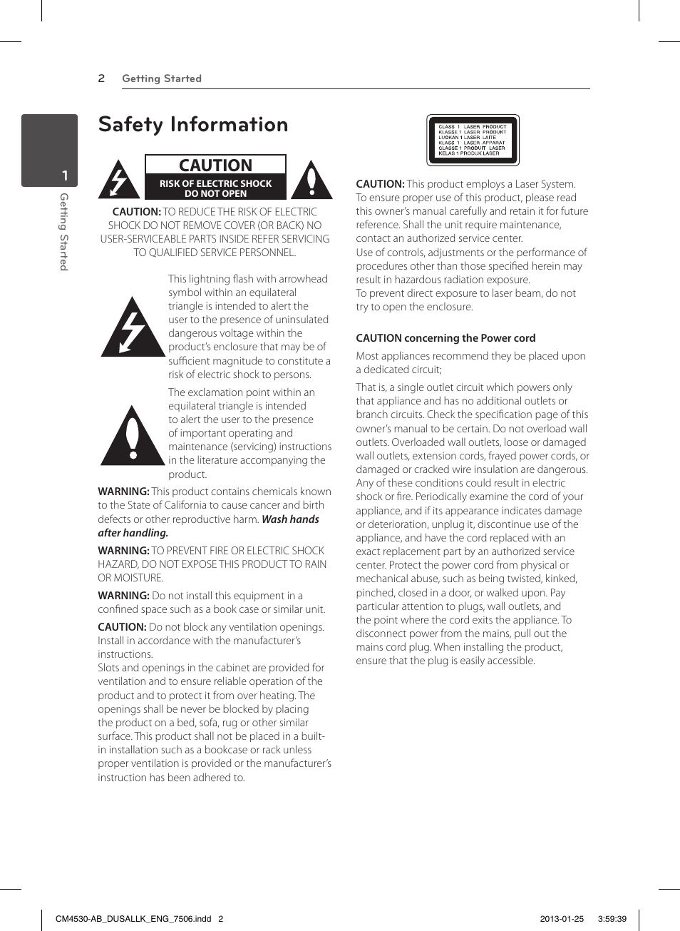 Safety information, Caution | LG CM4530 User Manual | Page 2 / 32