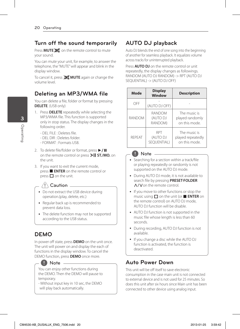 Turn off the sound temporarily, Deleting an mp3/wma file, Demo | Auto dj playback, Auto power down | LG CM4530 User Manual | Page 20 / 32