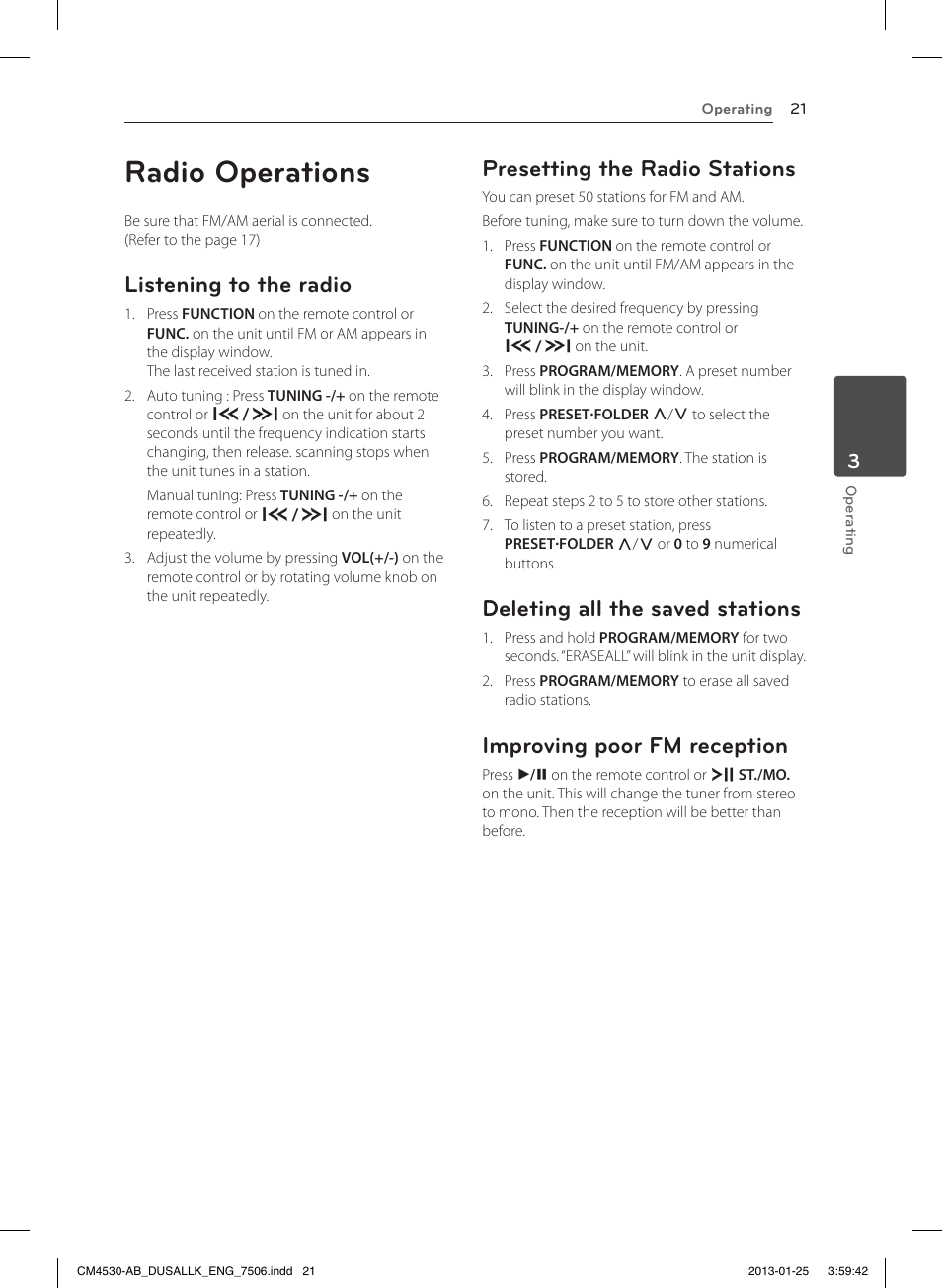 Radio operations, Listening to the radio, Presetting the radio stations | Deleting all the saved stations, Improving poor fm reception | LG CM4530 User Manual | Page 21 / 32