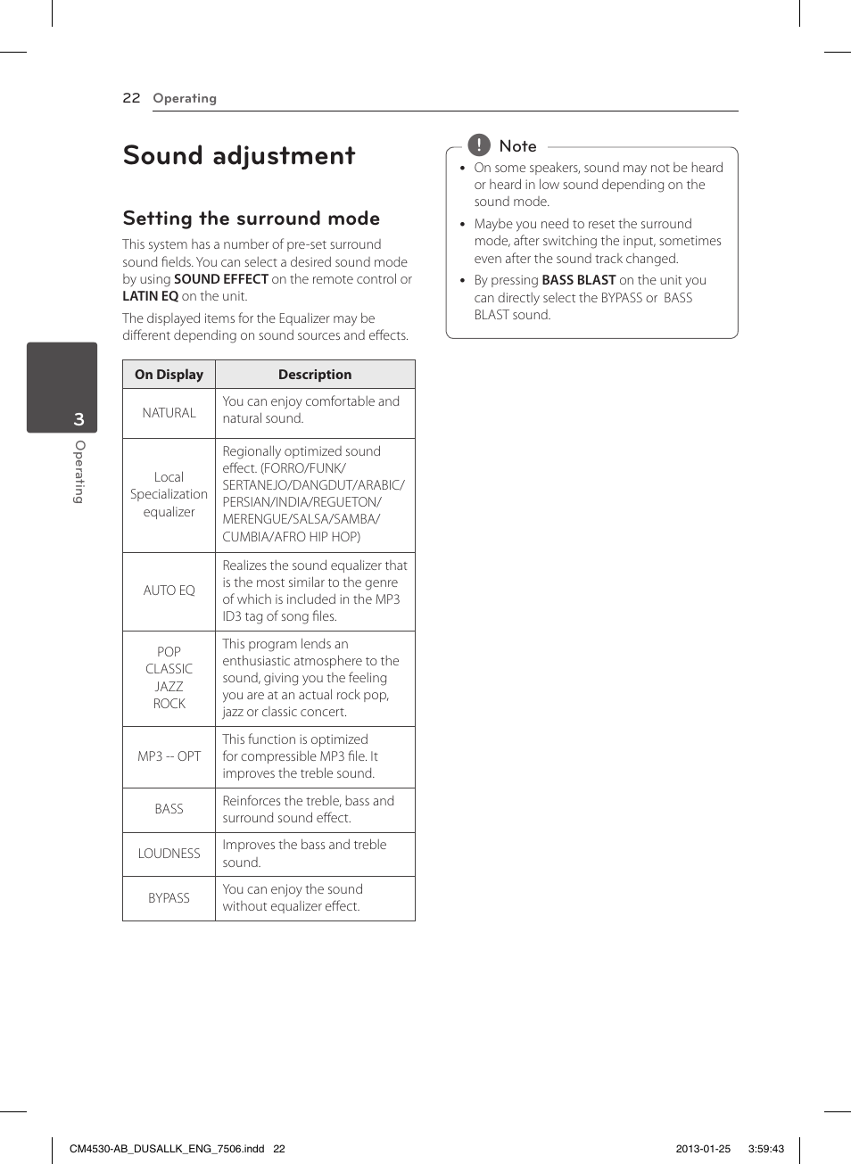Sound adjustment, Setting the surround mode | LG CM4530 User Manual | Page 22 / 32