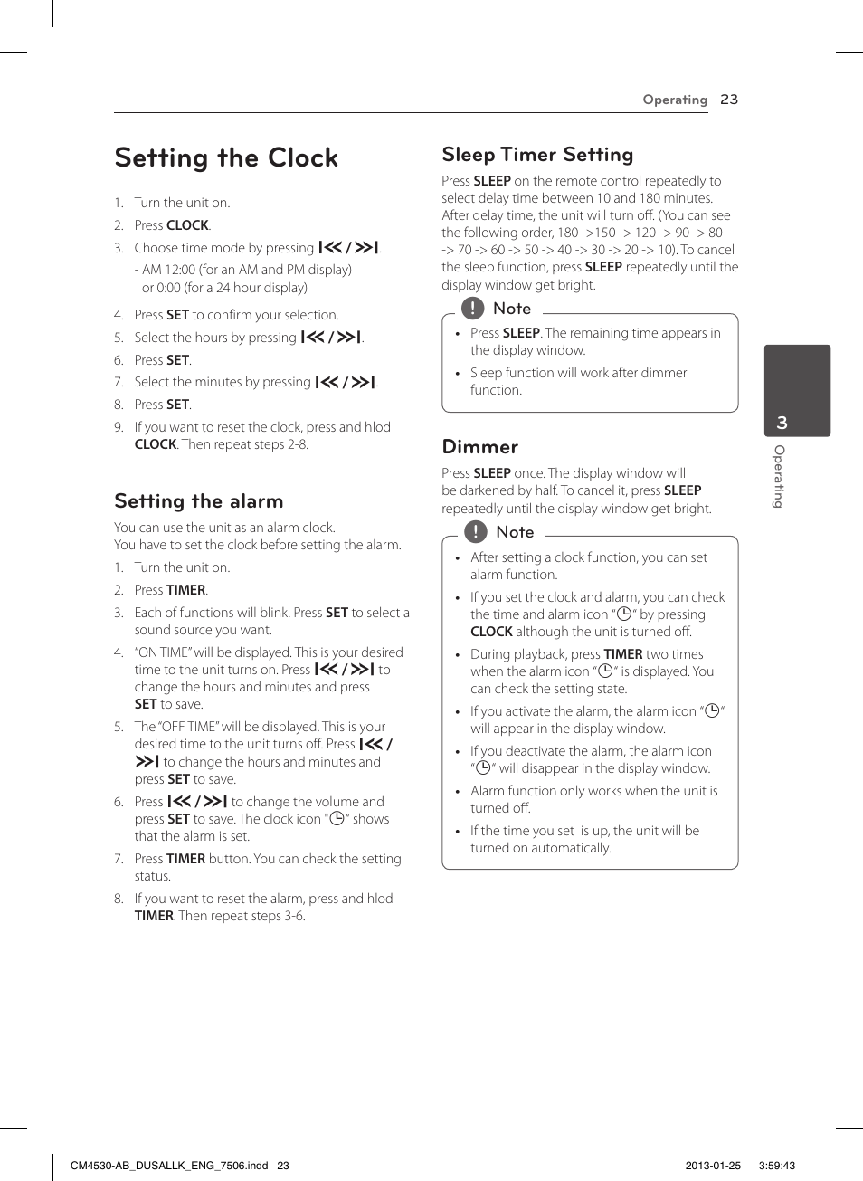 Setting the clock, Setting the alarm, Sleep timer setting | Dimmer | LG CM4530 User Manual | Page 23 / 32