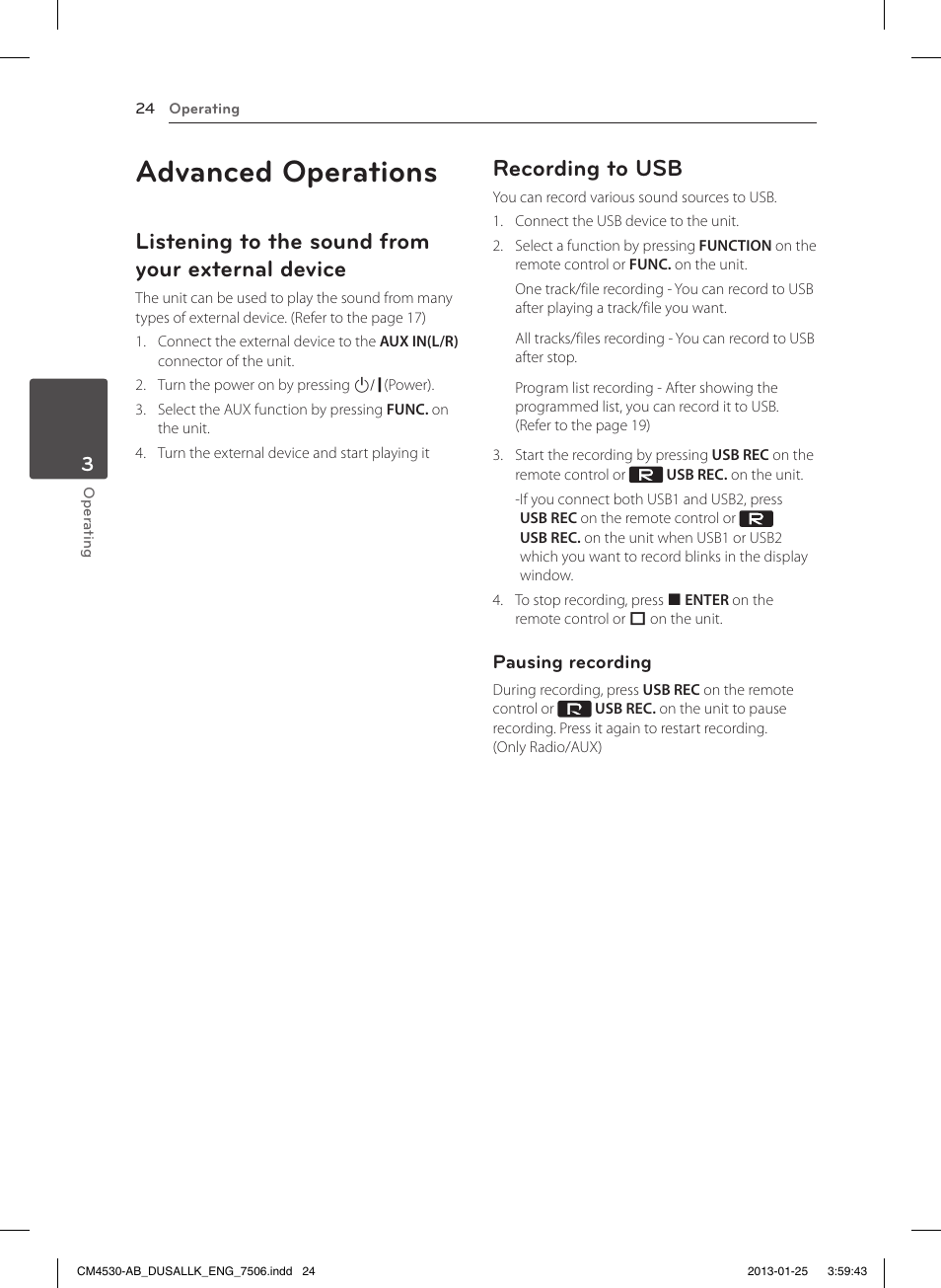 Advanced operations, Listening to the sound from your external device, Recording to usb | LG CM4530 User Manual | Page 24 / 32