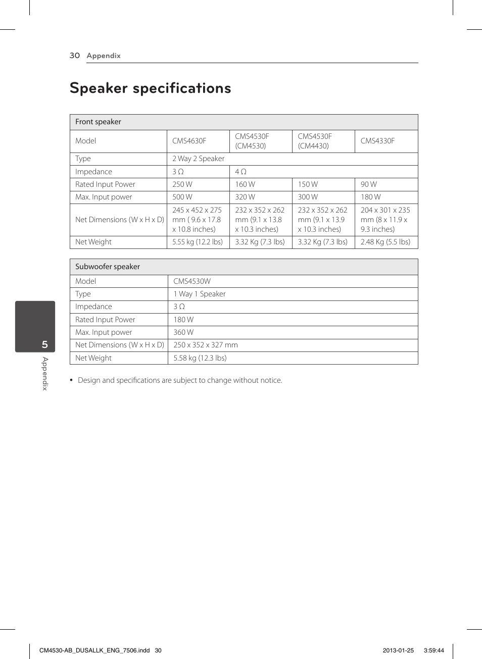 Speaker specifications | LG CM4530 User Manual | Page 30 / 32