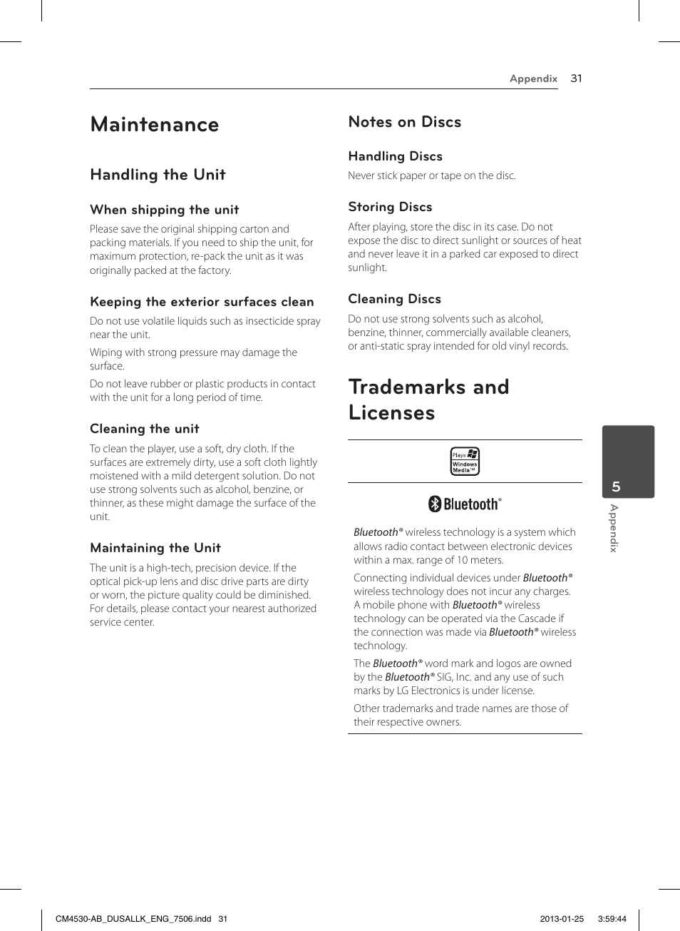 Maintenance, Trademarks and licenses, Handling the unit | LG CM4530 User Manual | Page 31 / 32