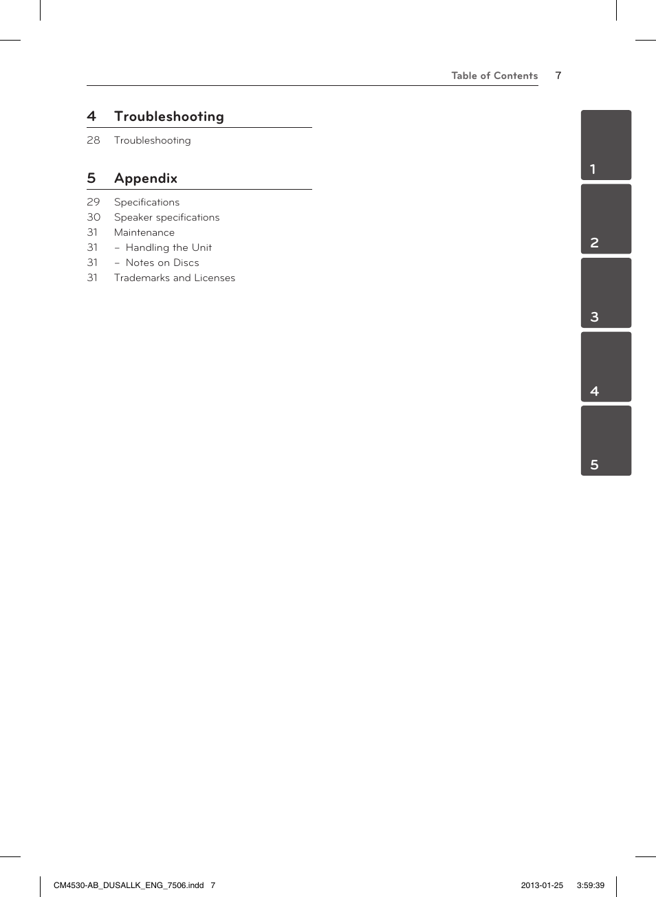 4 troubleshooting, 5 appendix | LG CM4530 User Manual | Page 7 / 32