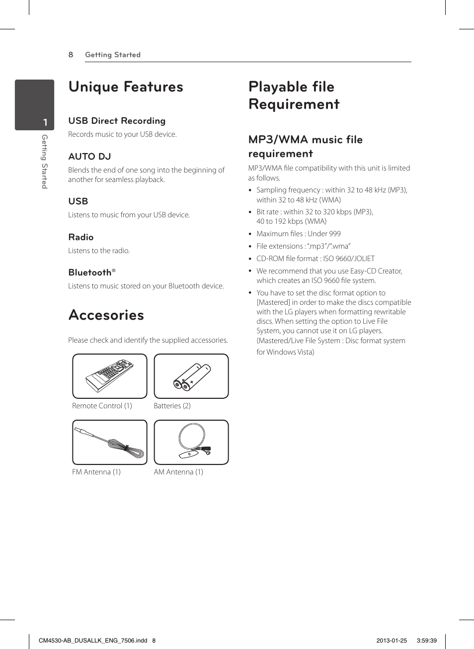 Unique features, Accesories, Playable file requirement | Mp3/wma music file requirement | LG CM4530 User Manual | Page 8 / 32