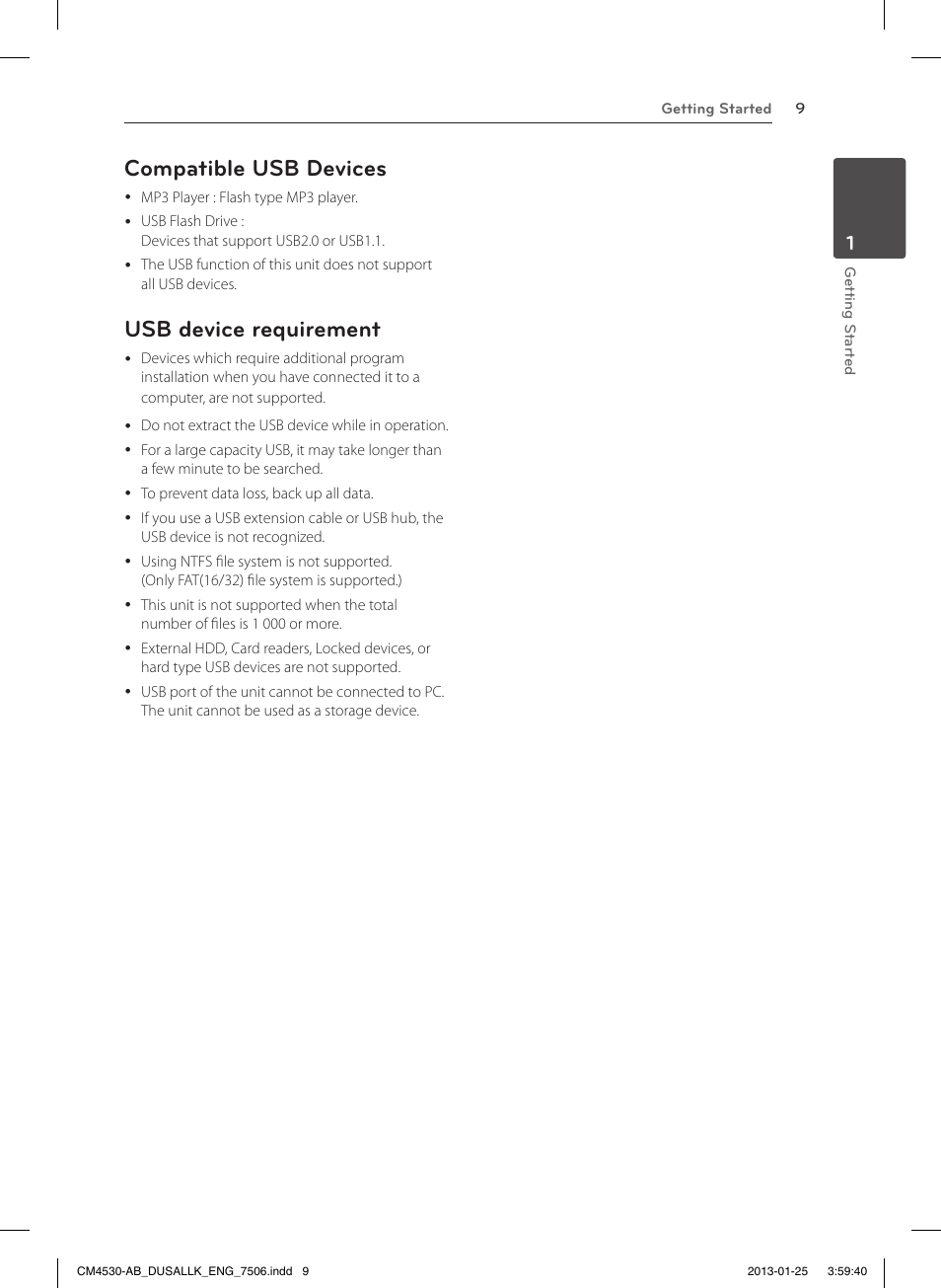 Compatible usb devices, Usb device requirement | LG CM4530 User Manual | Page 9 / 32