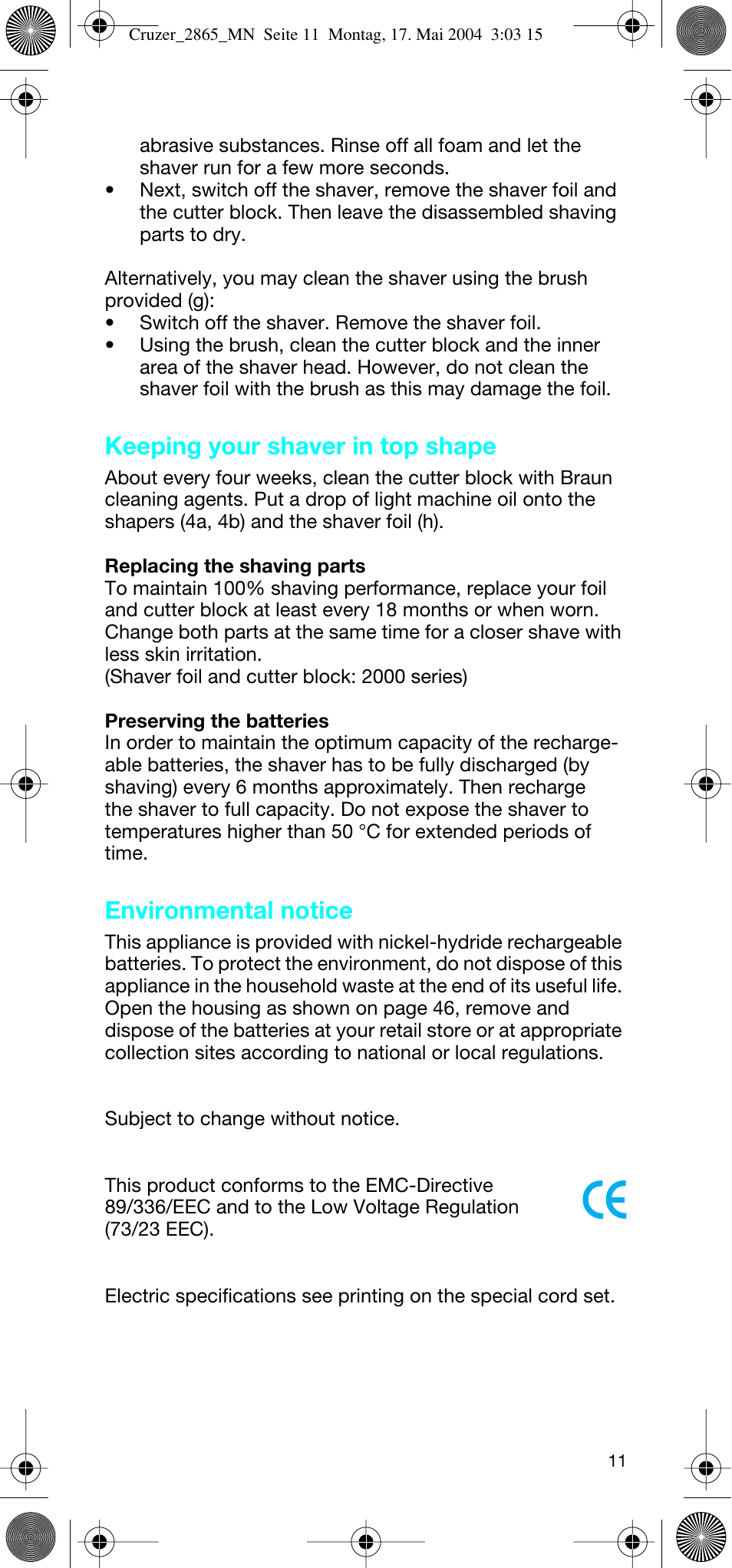Keeping your shaver in top shape, Environmental notice | Braun 2865 Cruzer3 User Manual | Page 10 / 56