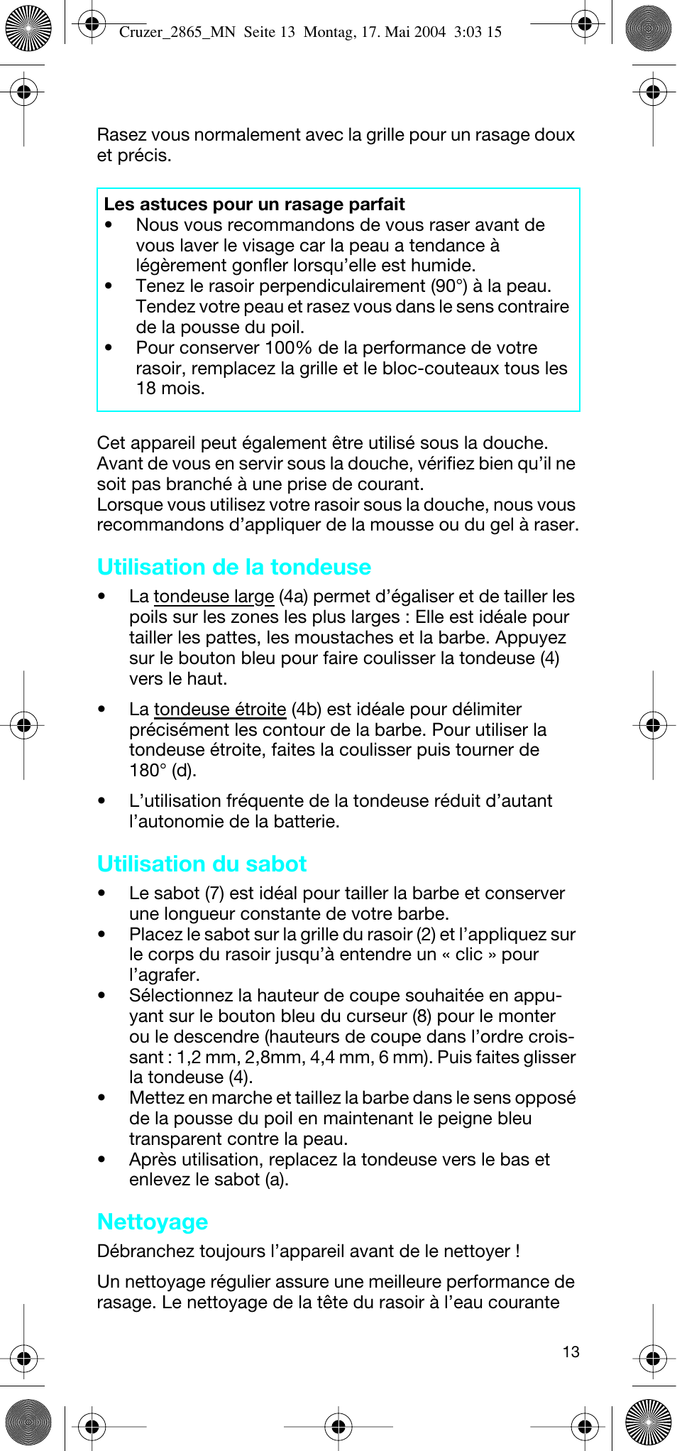 Utilisation de la tondeuse, Utilisation du sabot, Nettoyage | Braun 2865 Cruzer3 User Manual | Page 12 / 56