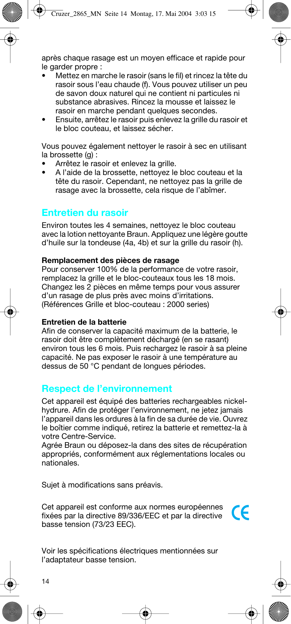 Entretien du rasoir, Respect de l’environnement | Braun 2865 Cruzer3 User Manual | Page 13 / 56
