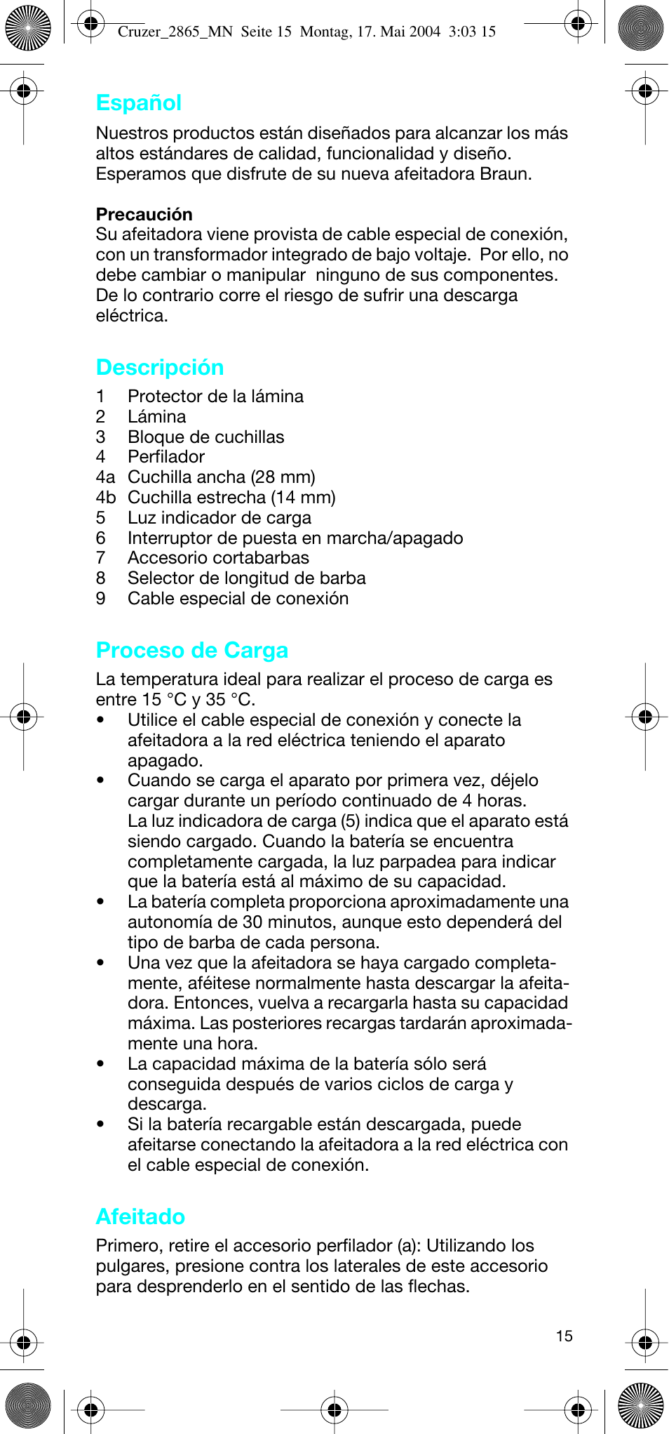 Español, Descripción, Proceso de carga | Afeitado | Braun 2865 Cruzer3 User Manual | Page 14 / 56
