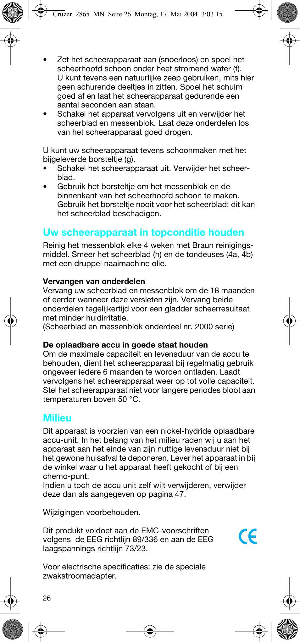 Uw scheerapparaat in topconditie houden, Milieu | Braun 2865 Cruzer3 User Manual | Page 25 / 56