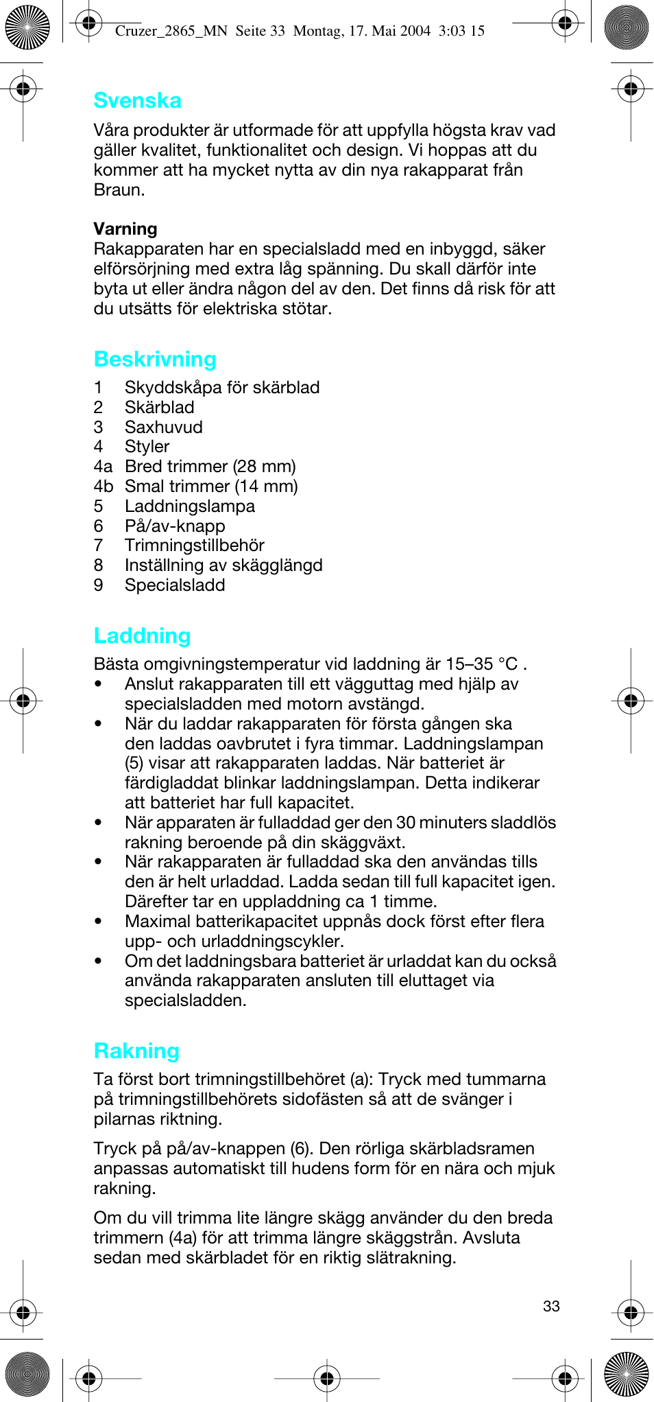 Svenska, Beskrivning, Laddning | Rakning | Braun 2865 Cruzer3 User Manual | Page 32 / 56