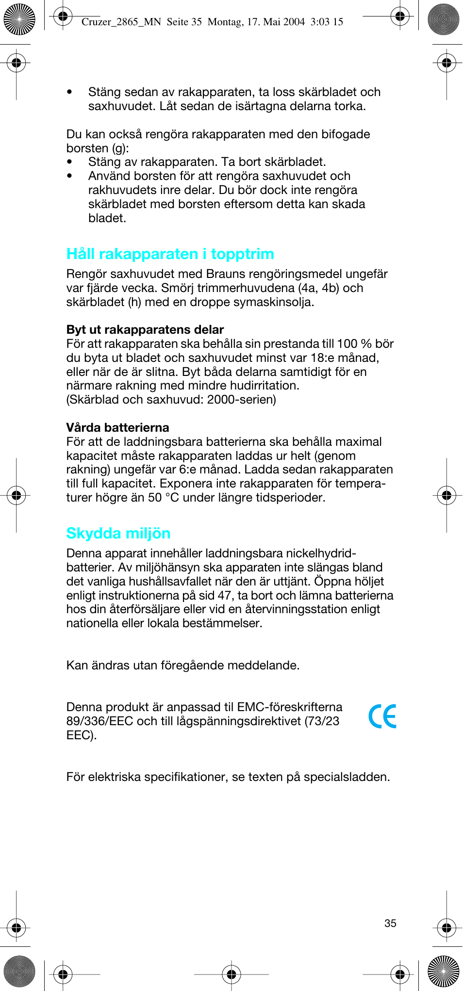 Håll rakapparaten i topptrim, Skydda miljön | Braun 2865 Cruzer3 User Manual | Page 34 / 56