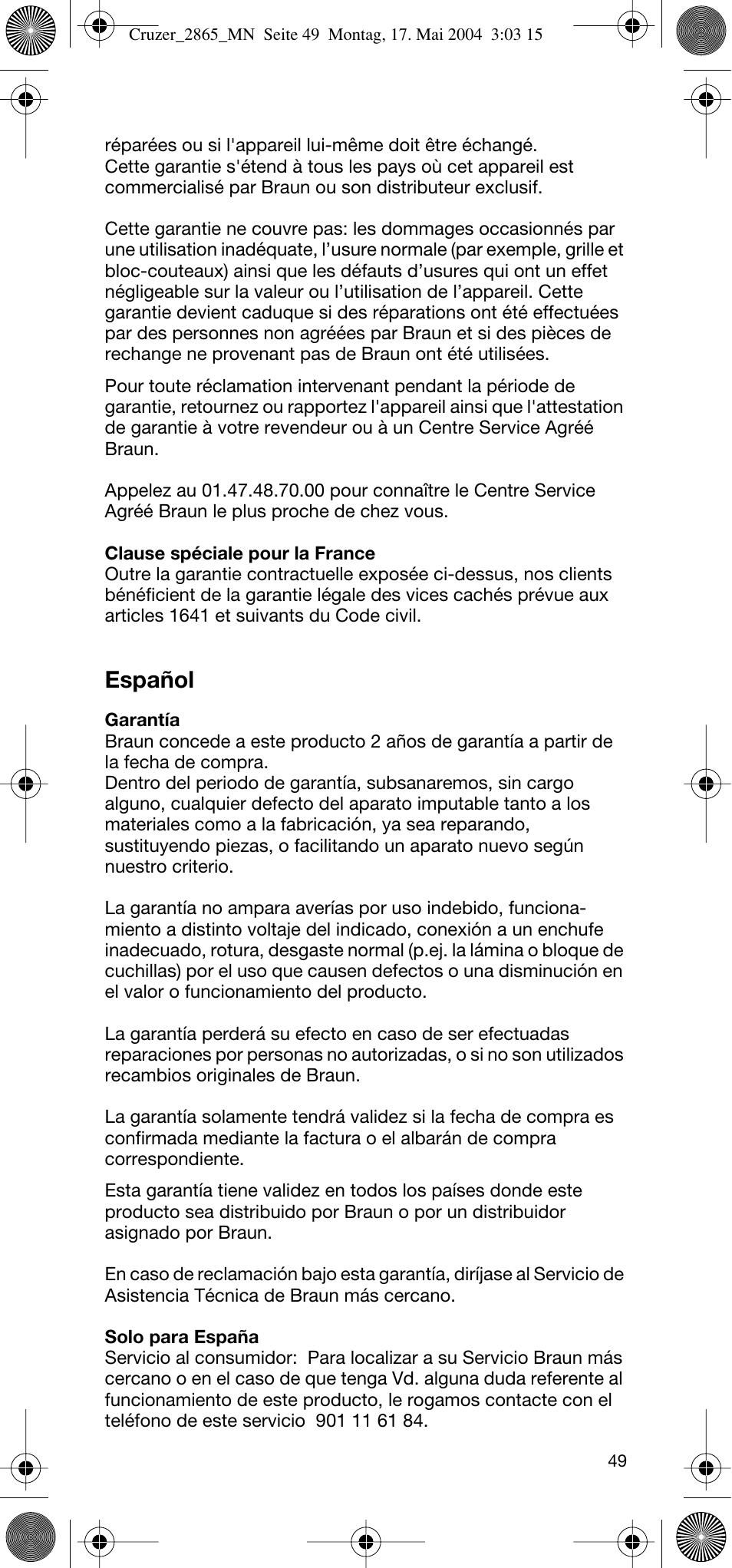 Español | Braun 2865 Cruzer3 User Manual | Page 48 / 56