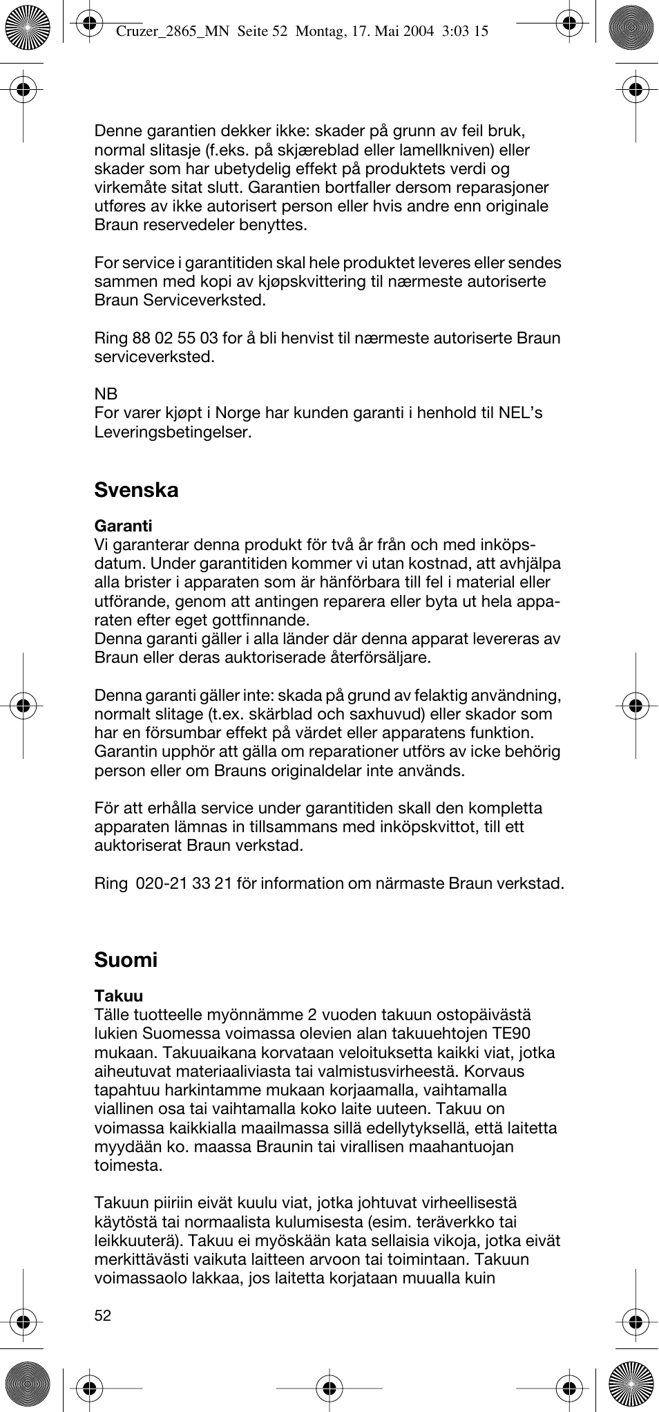 Svenska, Suomi | Braun 2865 Cruzer3 User Manual | Page 51 / 56