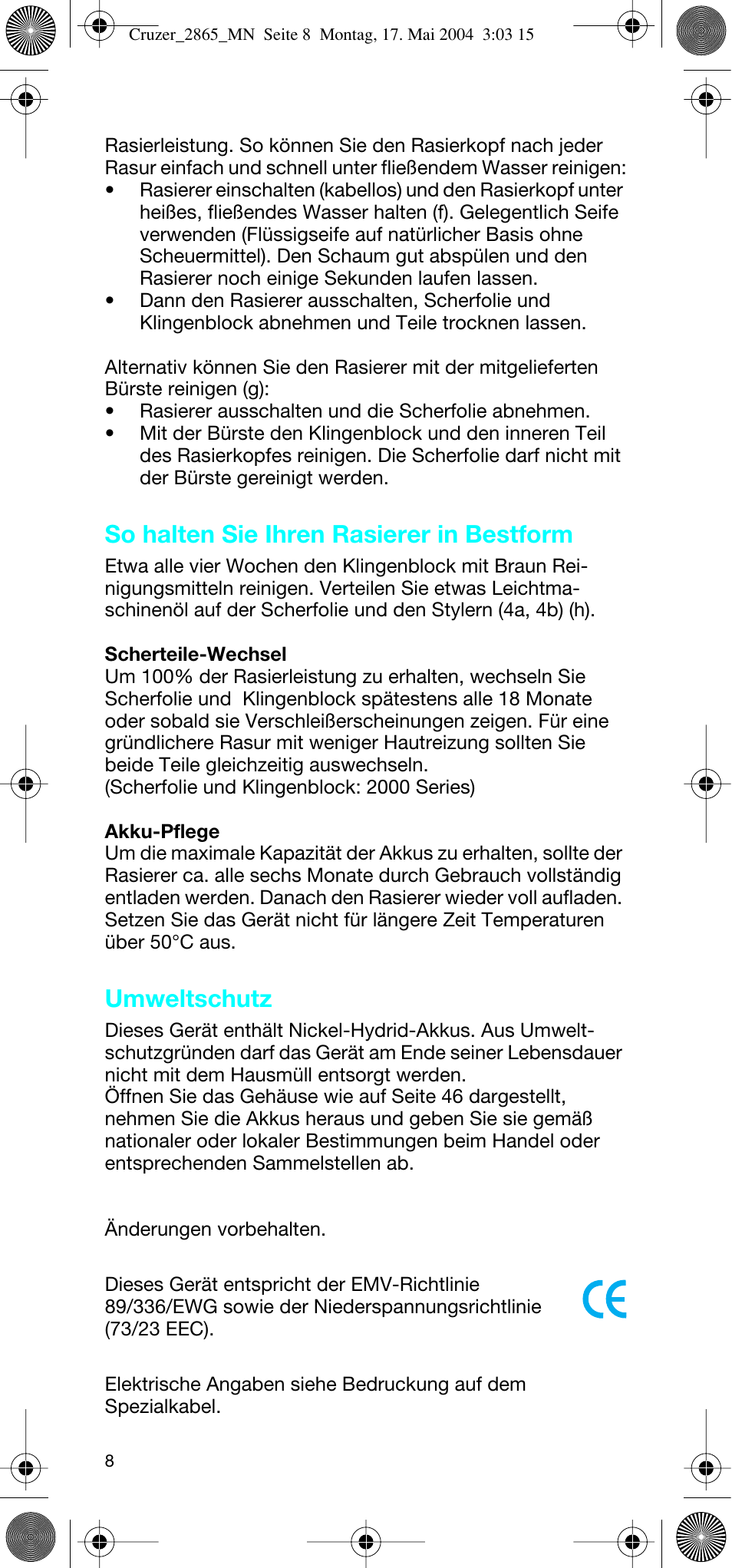 So halten sie ihren rasierer in bestform, Umweltschutz | Braun 2865 Cruzer3 User Manual | Page 7 / 56