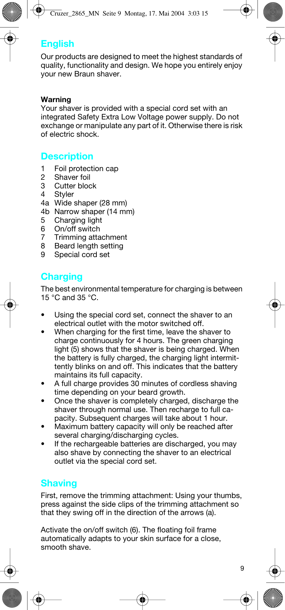 English, Description, Charging | Shaving | Braun 2865 Cruzer3 User Manual | Page 8 / 56