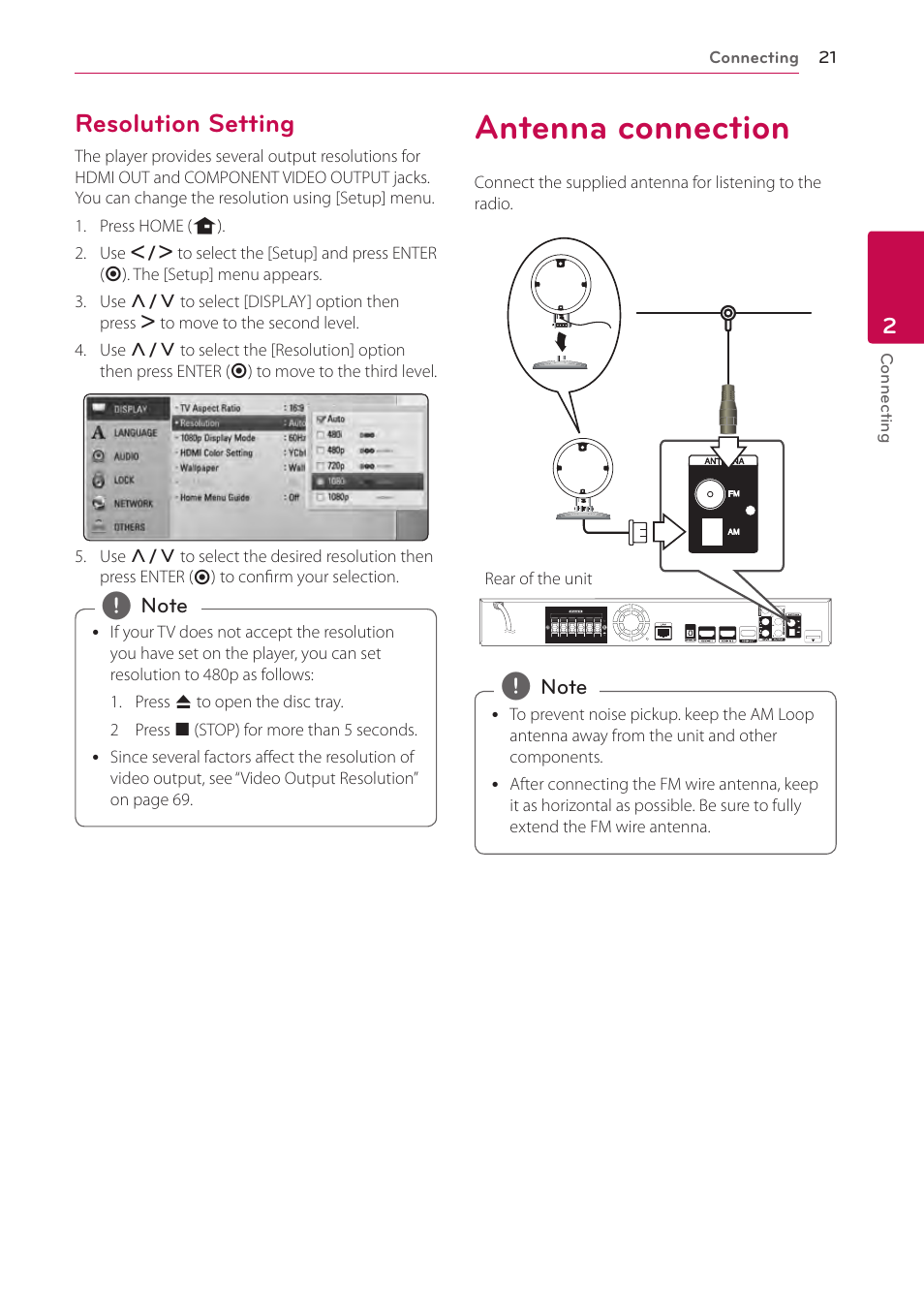 Resolution setting, Antenna connection, 21 – resolution setting 21 | LG LHB536 User Manual | Page 21 / 74