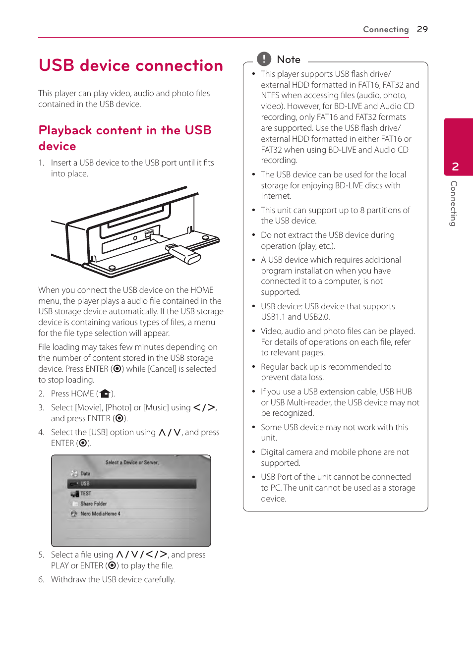 Usb device connection, Playback content in the usb device | LG LHB536 User Manual | Page 29 / 74