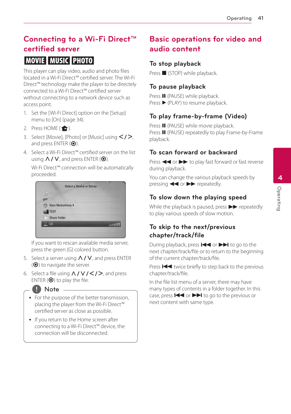 Connecting to a wi-fi direct™ certified server, Basic operations for video and audio content, 41 – connecting to a wi-fi direct | Certified server, 41 – basic operations for video and audio, Content, Connecting to a wi-fi direct™ certified server yui | LG LHB536 User Manual | Page 41 / 74