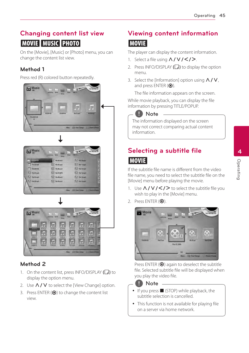 Changing content list view, Viewing content information, Selecting a subtitle file | Changing content list view yui, Viewing content information y, Selecting a subtitle file y | LG LHB536 User Manual | Page 45 / 74