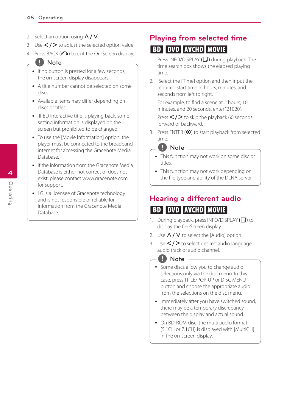 Playing from selected time, Hearing a different audio, 48 – playing from selected time | 48 – hearing a different audio, Playing from selected time eroy, Hearing a different audio eroy | LG LHB536 User Manual | Page 48 / 74