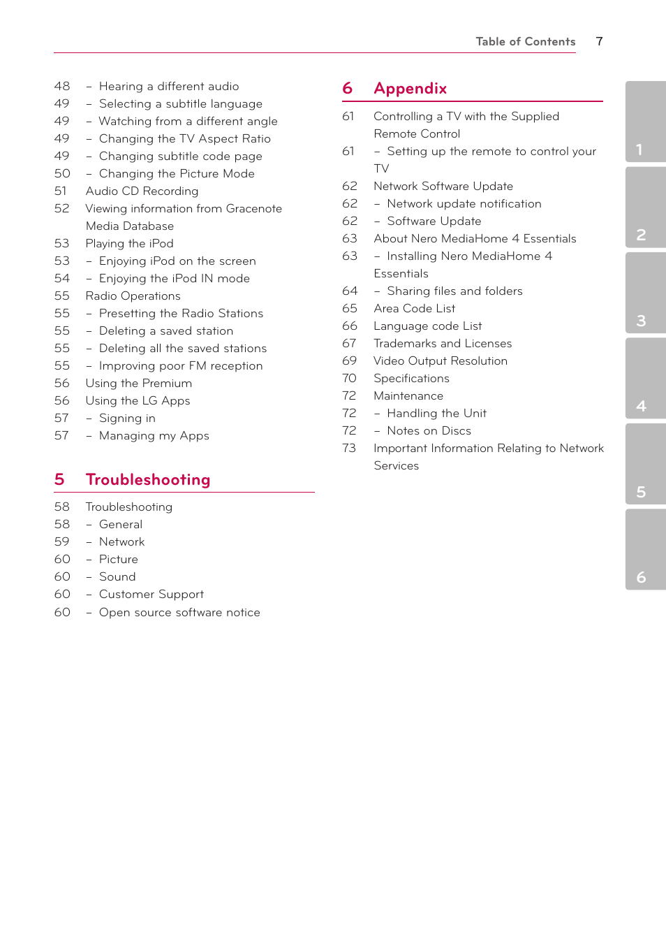 5 troubleshooting, 6 appendix | LG LHB536 User Manual | Page 7 / 74