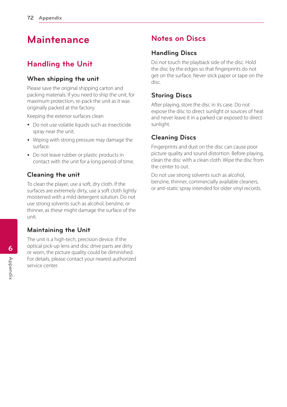 Maintenance, Handling the unit, Notes on discs | LG LHB536 User Manual | Page 72 / 74