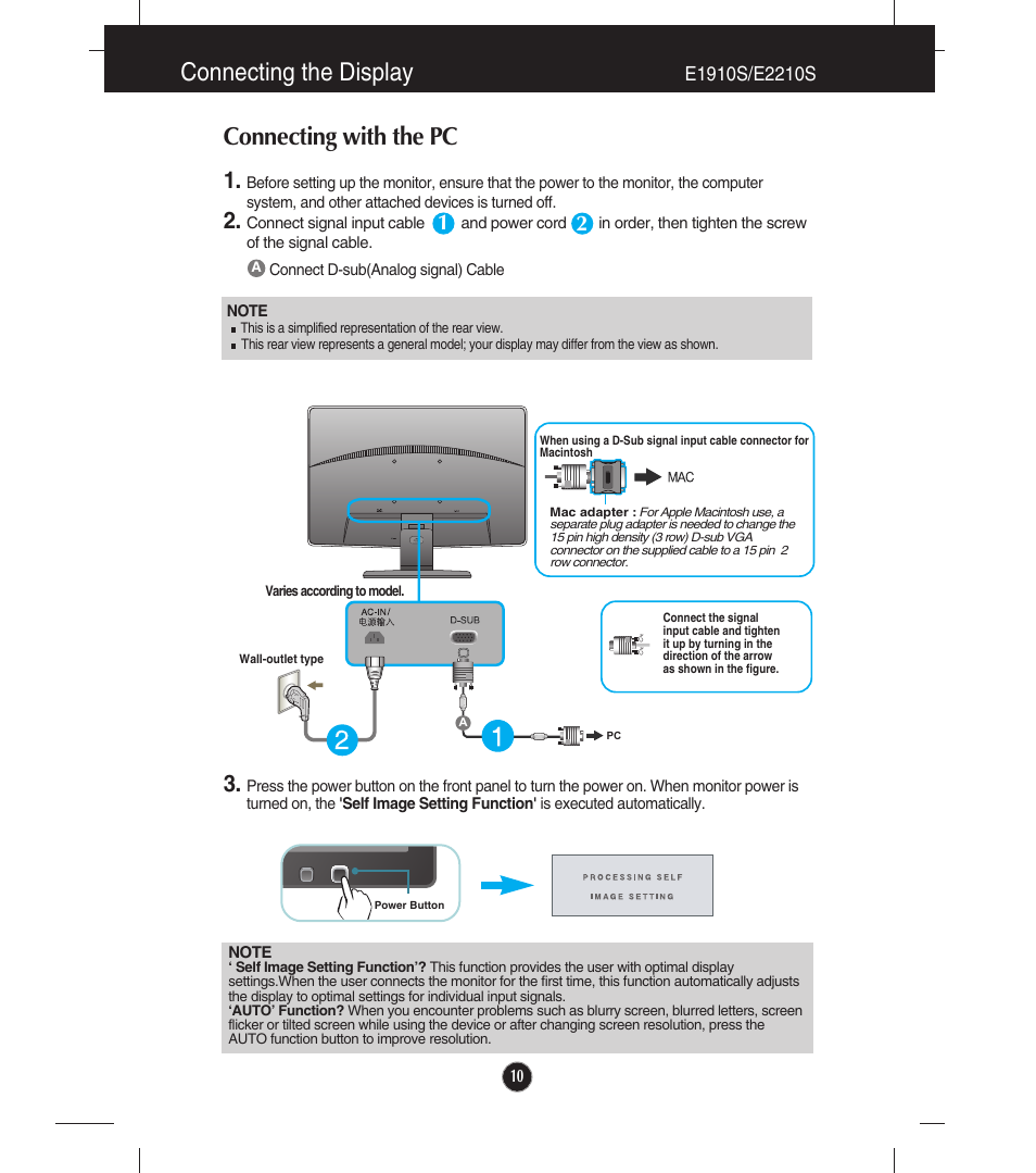 E1910s/e2210s, Connecting the display, Connecting with the pc | LG E1910T-BN User Manual | Page 11 / 35