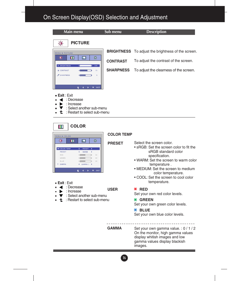Picture, Color, On screen display(osd) selection and adjustment | LG E1910T-BN User Manual | Page 17 / 35