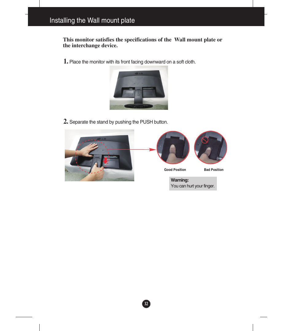 Installing the wall mount plate | LG E1910T-BN User Manual | Page 33 / 35
