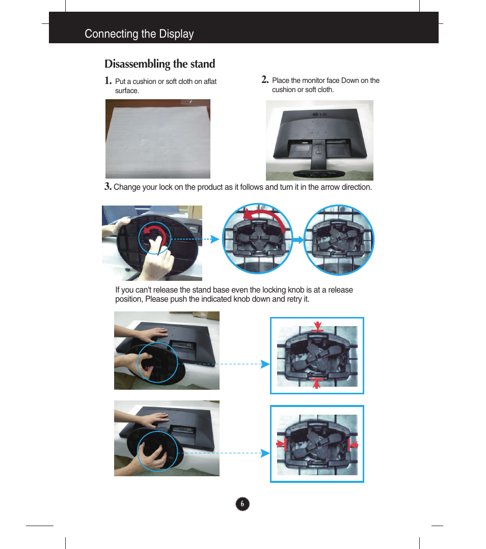 Disassembling the stand, Connecting the display | LG E1910T-BN User Manual | Page 7 / 35