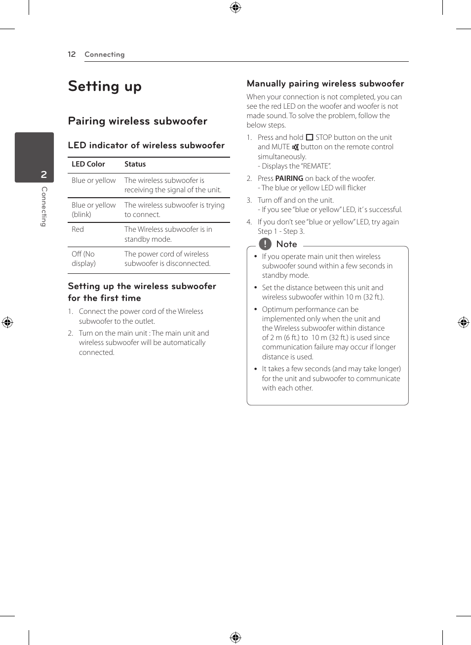 Setting up, Pairing wireless subwoofer | LG NB3520A User Manual | Page 12 / 25