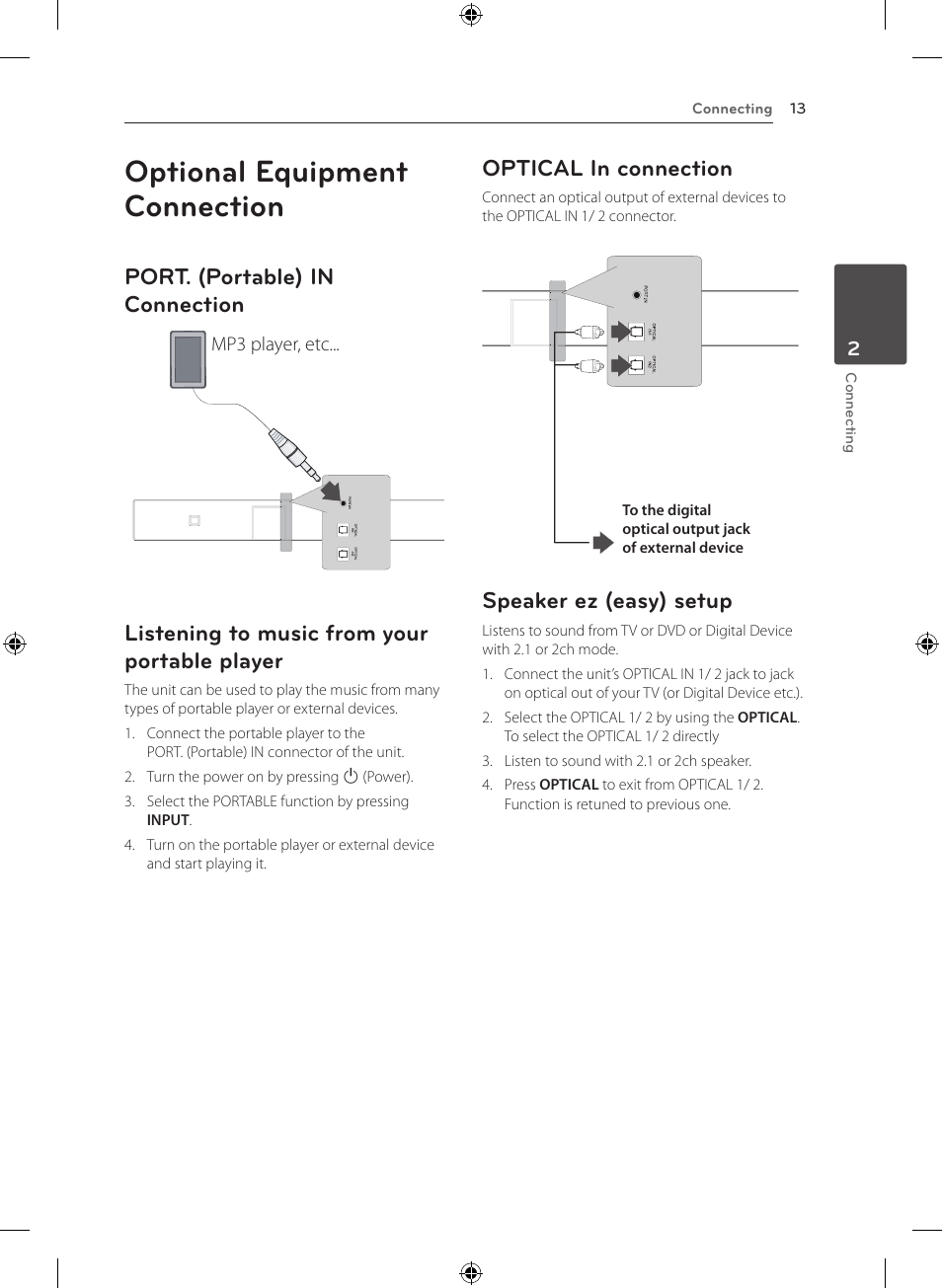Optional equipment connection, Port. (portable) in connection, Listening to music from your portable player | Optical in connection, Speaker ez (easy) setup | LG NB3520A User Manual | Page 13 / 25