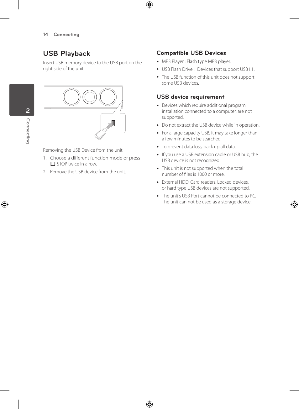 Usb playback, Compatible usb devices, Usb device requirement | LG NB3520A User Manual | Page 14 / 25